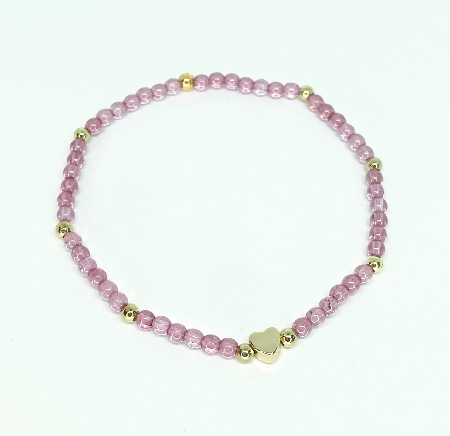 Pink Glass Beaded Bracelet in Light Pink with Tiny Gold Heart