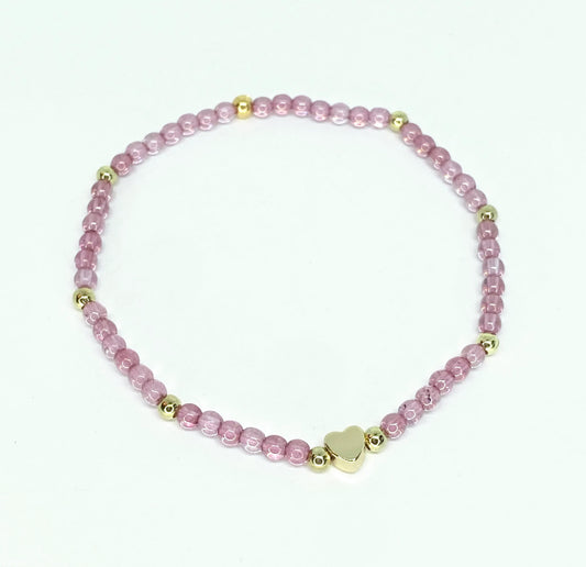 Pink Glass Beaded Bracelet in Light Pink with Tiny Gold Heart