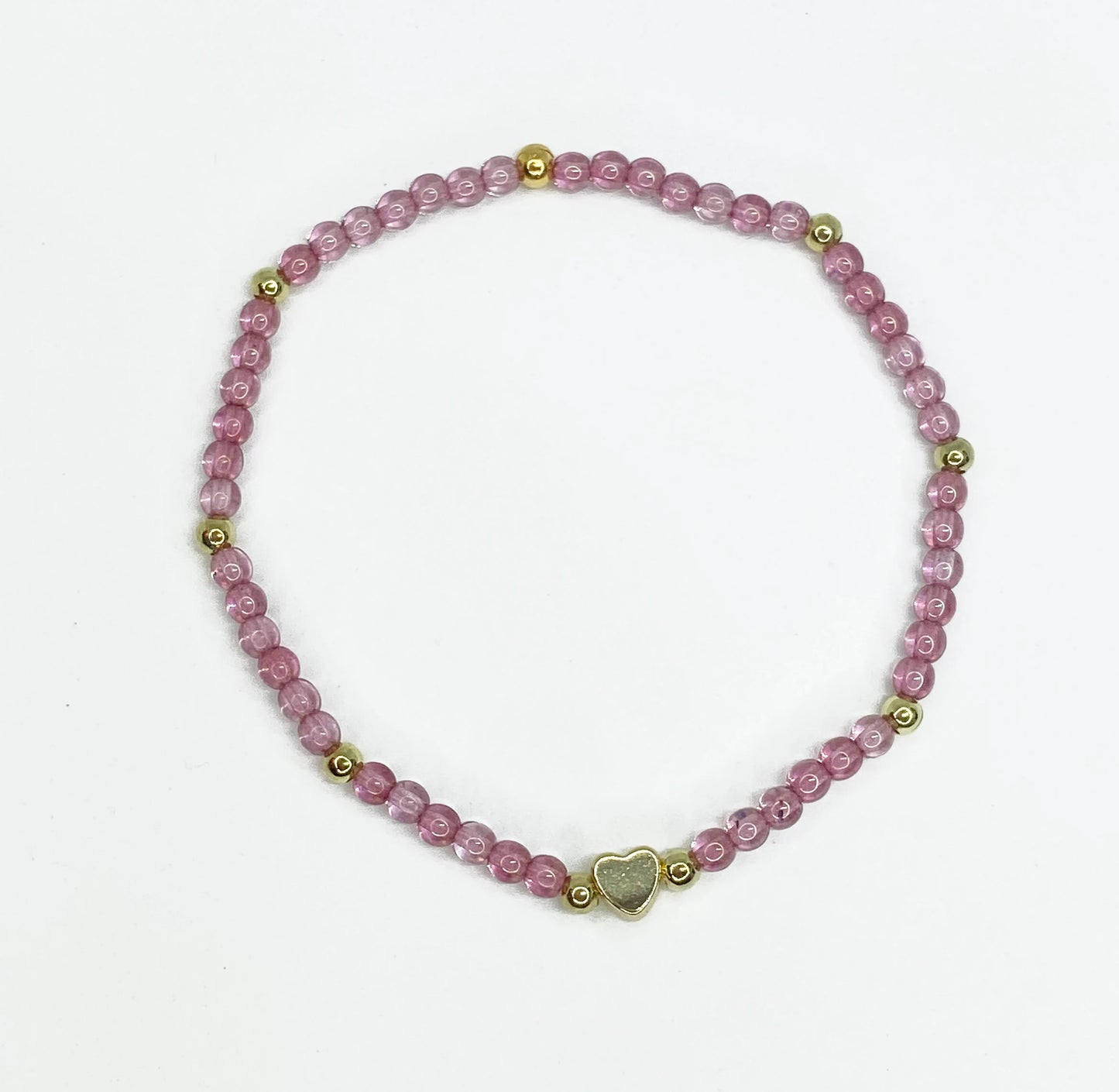 Pink Glass Beaded Bracelet in Light Pink with Tiny Gold Heart