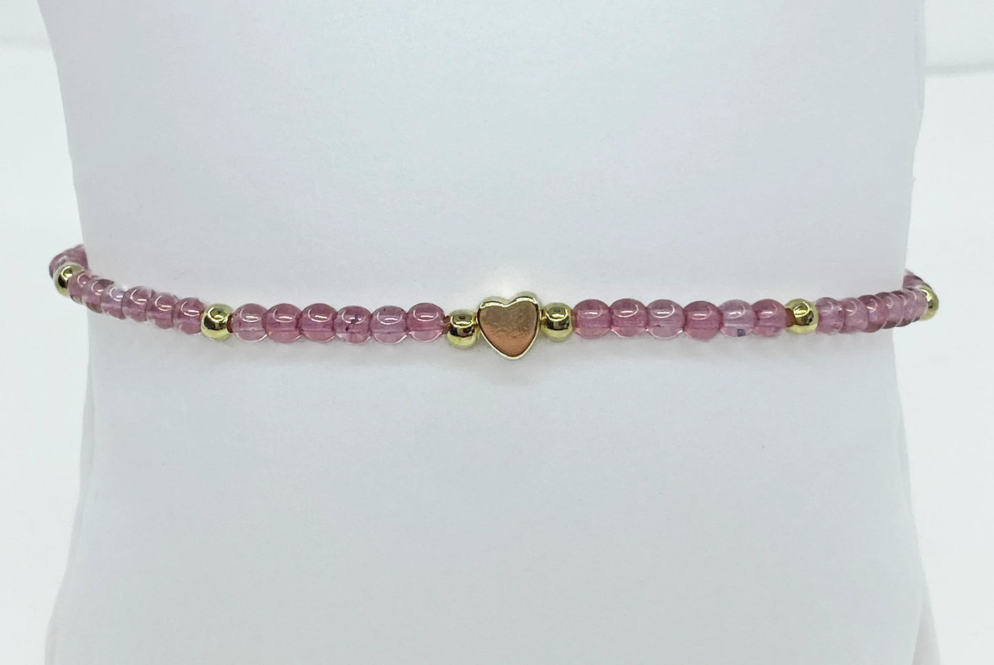 Pink Glass Beaded Bracelet in Light Pink with Tiny Gold Heart