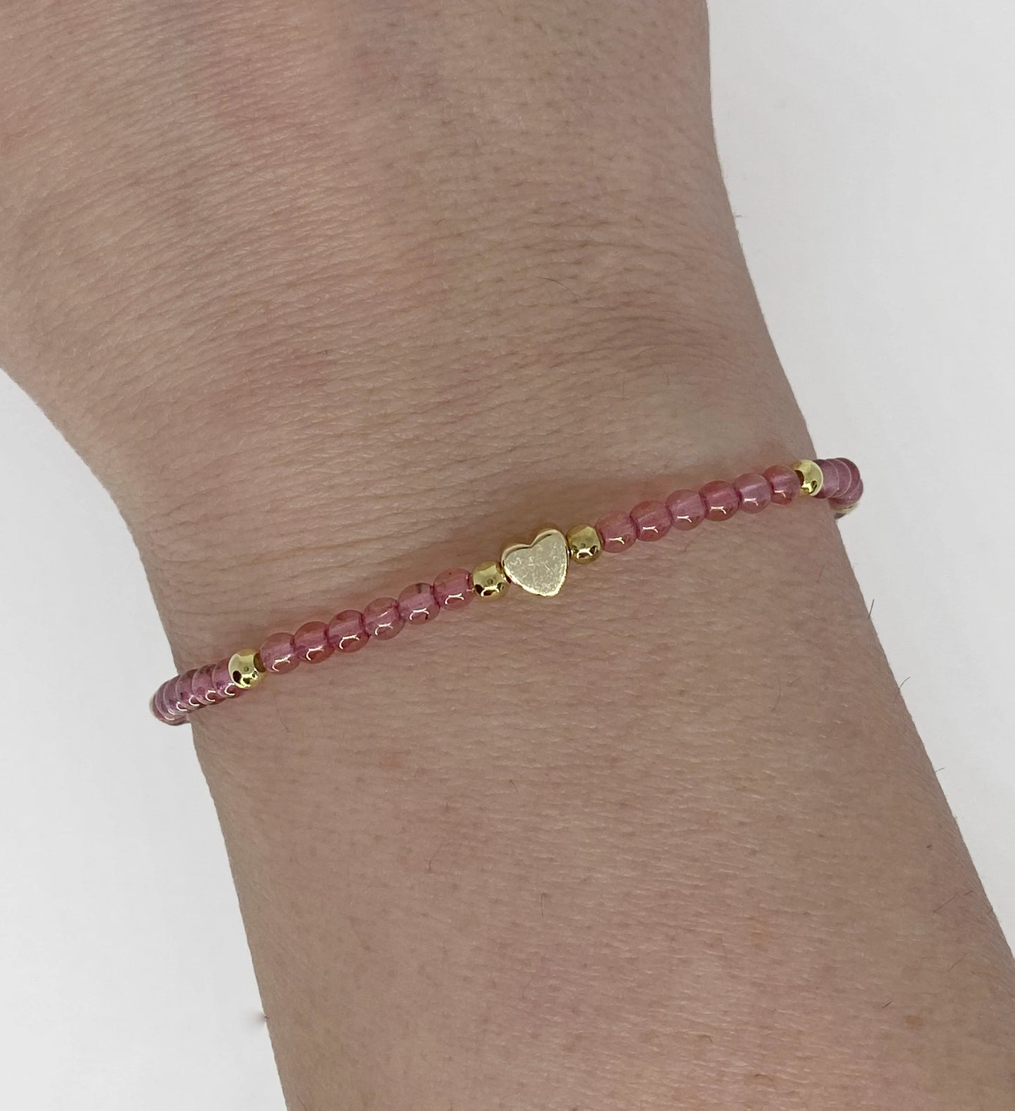 Pink Glass Beaded Bracelet in Light Pink with Tiny Gold Heart