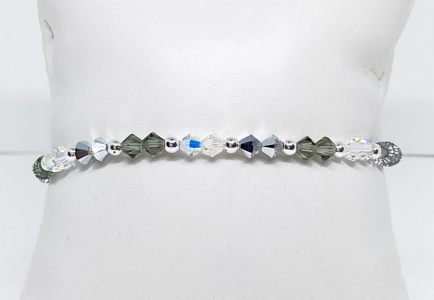 Swarovski Crystal and Glass Bead Stretch Bracelet in Neutral Shimmer, with Black Diamond, Crystal AB and Comet Argent Swarovski Crystals