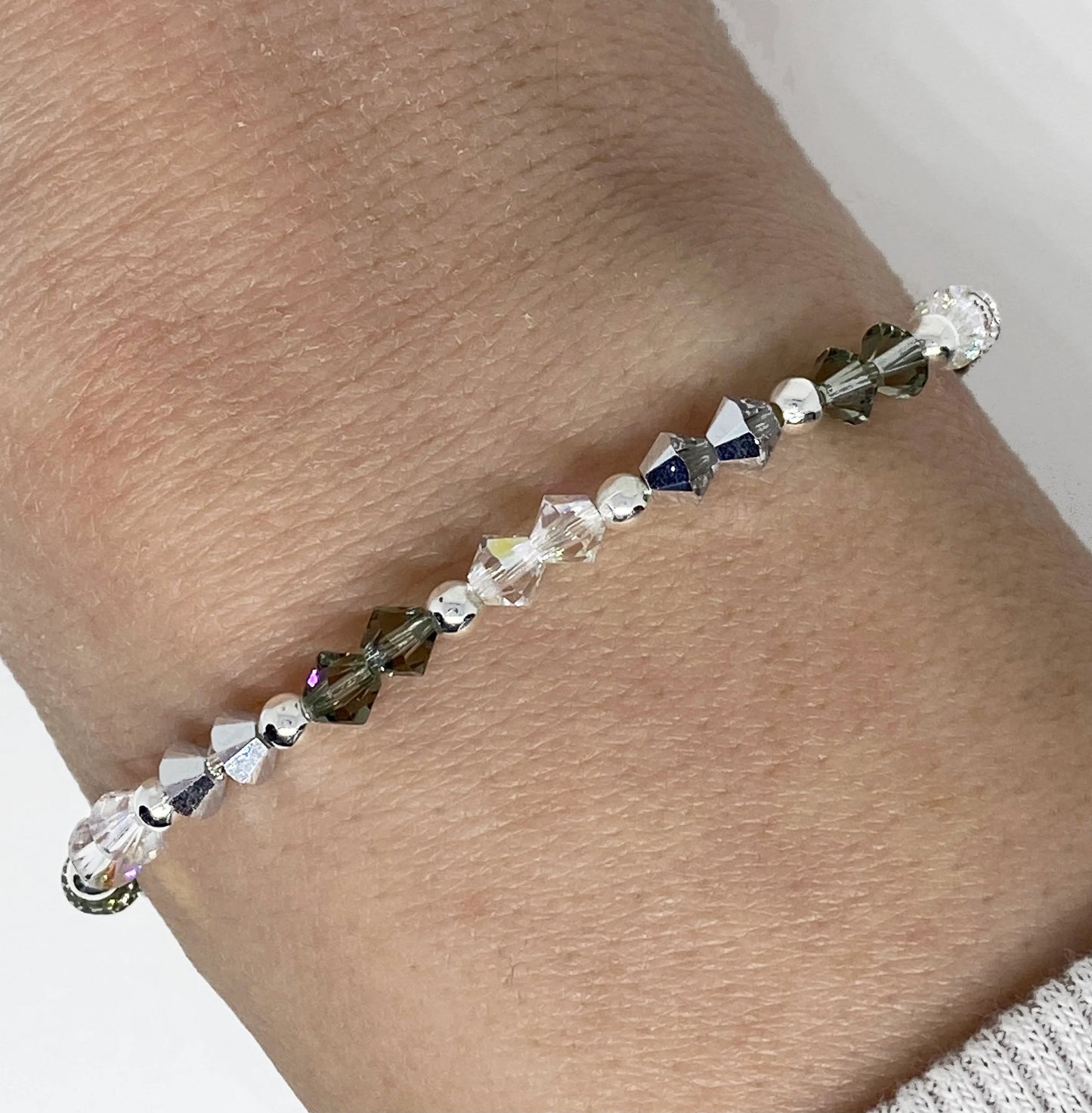 Swarovski Crystal and Glass Bead Stretch Bracelet in Neutral Shimmer, with Black Diamond, Crystal AB and Comet Argent Swarovski Crystals