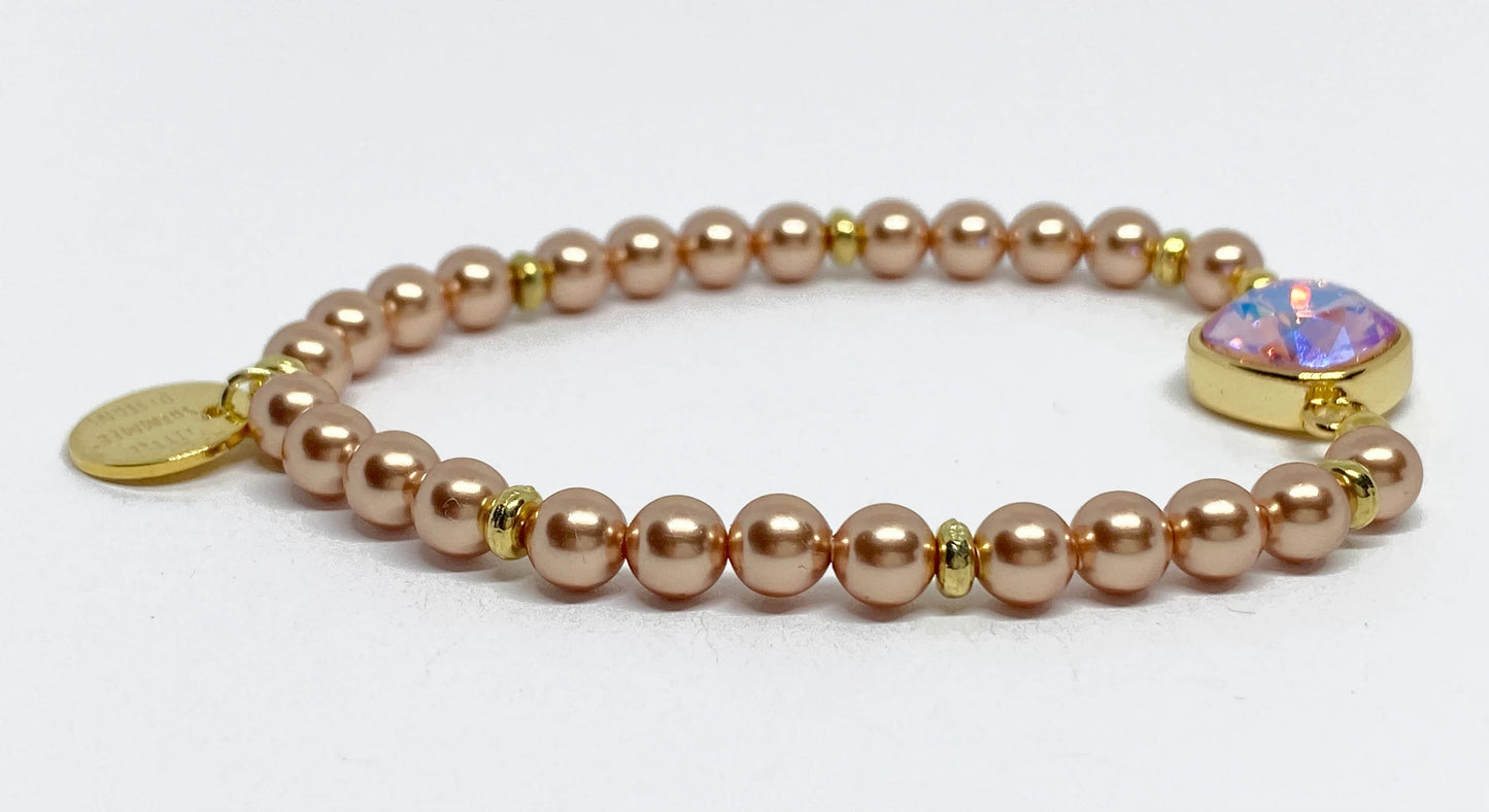 Swarovski Crystal 10mm Cushion Crystal in Light Rose Shimmer with Rose gold Swarovski Pearls