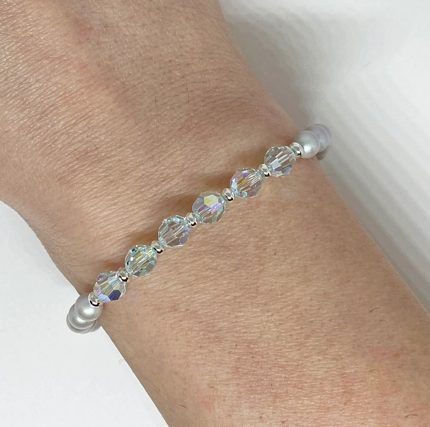 Swarovski Round Crystal and Pearl Bracelet in Lt Azore AB and Iridescent Dove Gray