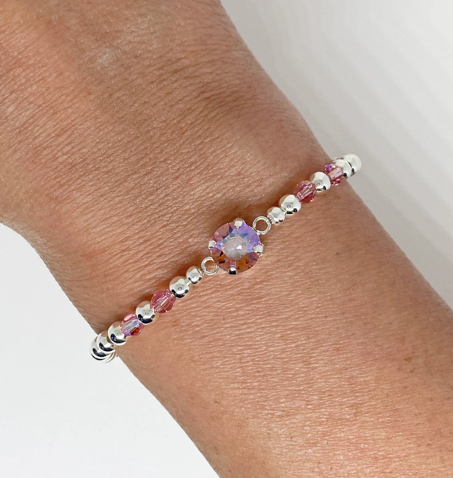 Swarovski Crystal 8mm Chaton Crystal Bracelet Light Rose Shimmer and Silver