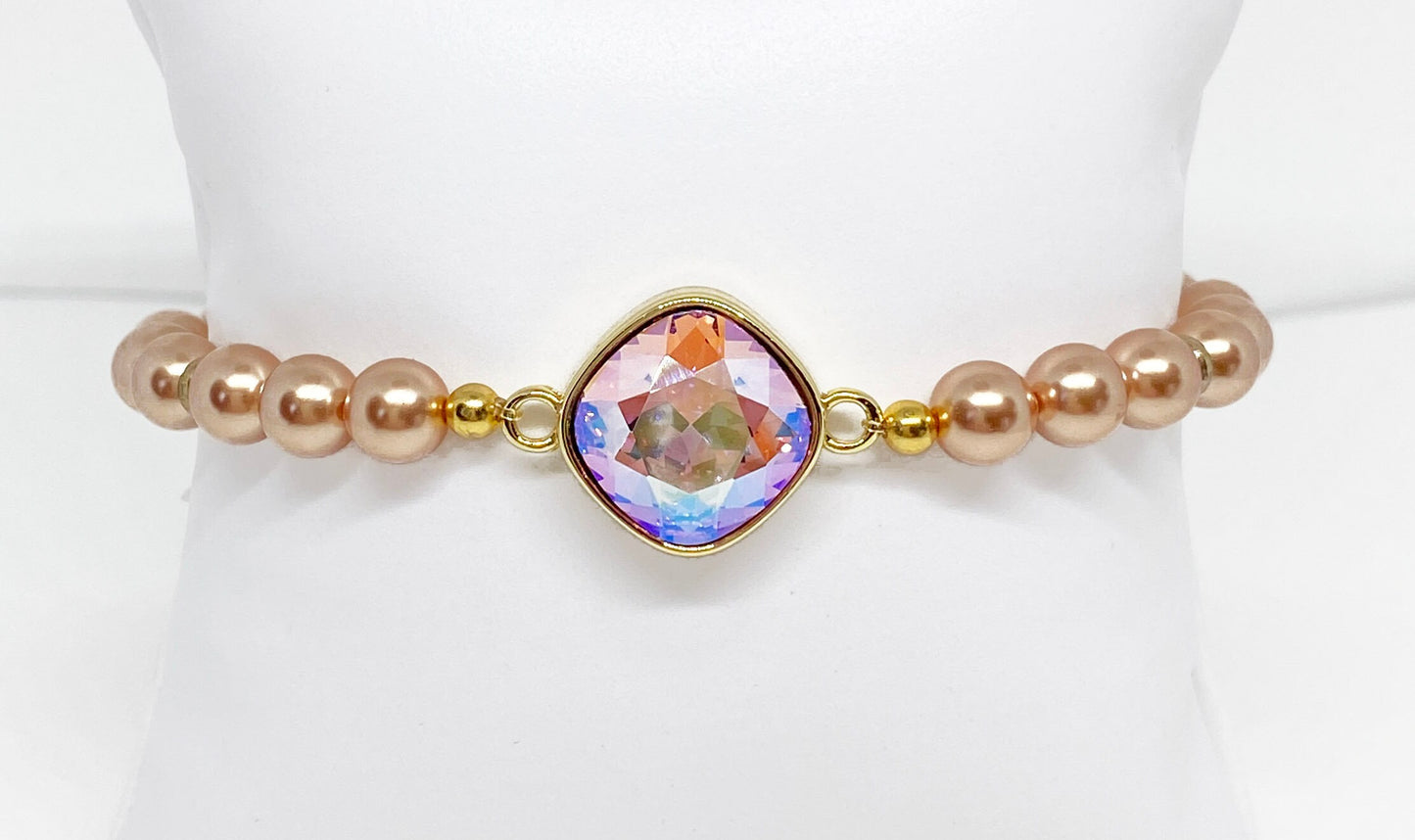 Swarovski Crystal 12mm Cushion Crystal in Light Rose Shimmer with Rose Gold Swarovski Pearls