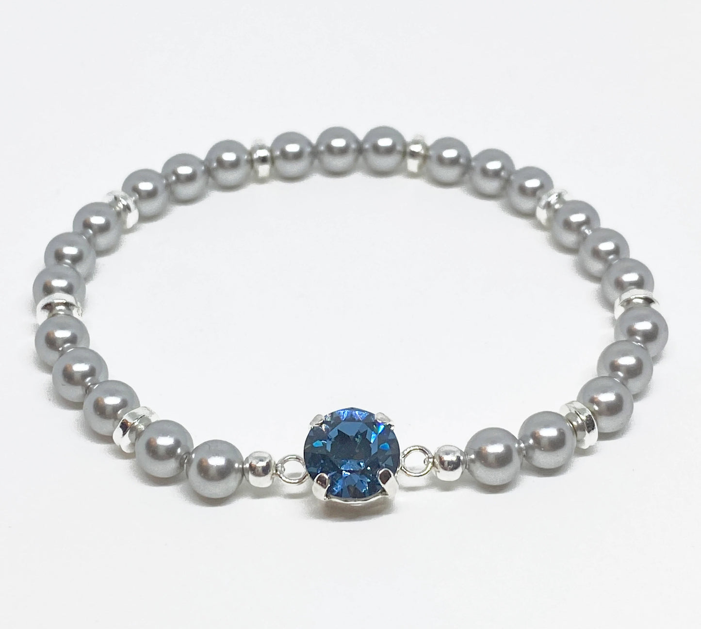 Swarovski Crystal 8mm Chaton Crystal Bracelet in Denim Blue with Lt Gray Swarovski Pearls