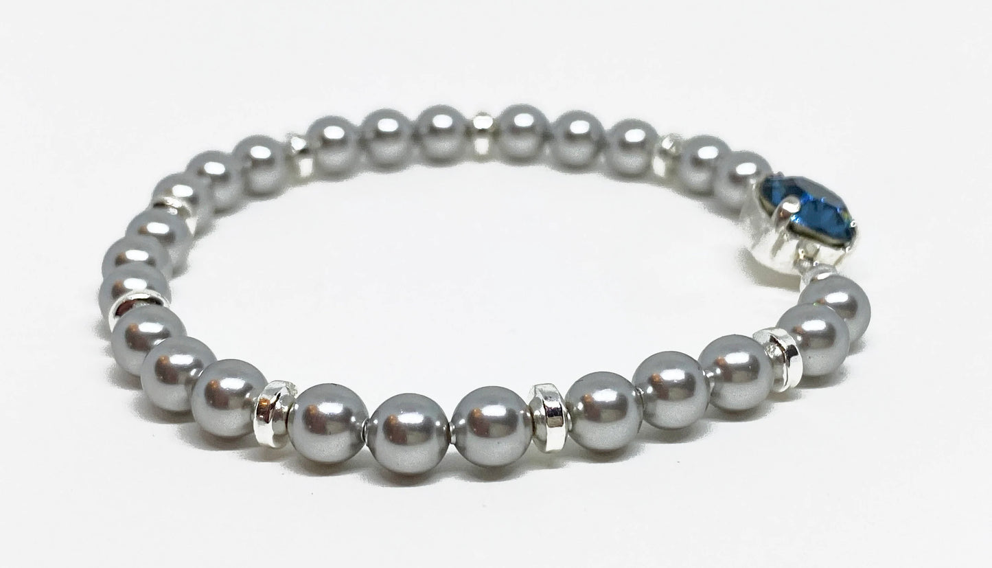 Swarovski Crystal 8mm Chaton Crystal Bracelet in Denim Blue with Lt Gray Swarovski Pearls