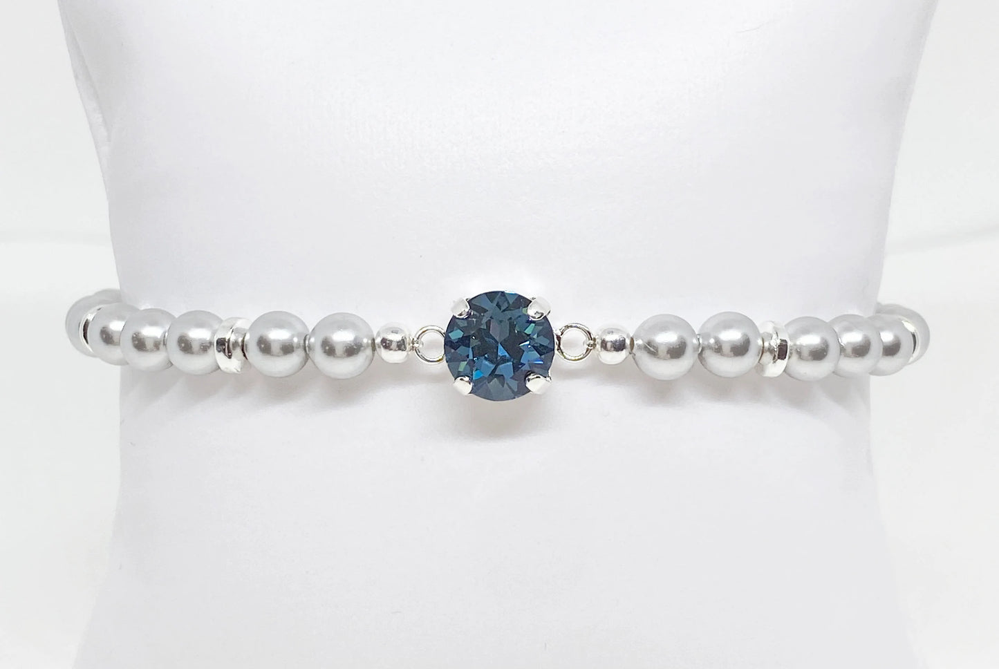 Swarovski Crystal 8mm Chaton Crystal Bracelet in Denim Blue with Lt Gray Swarovski Pearls