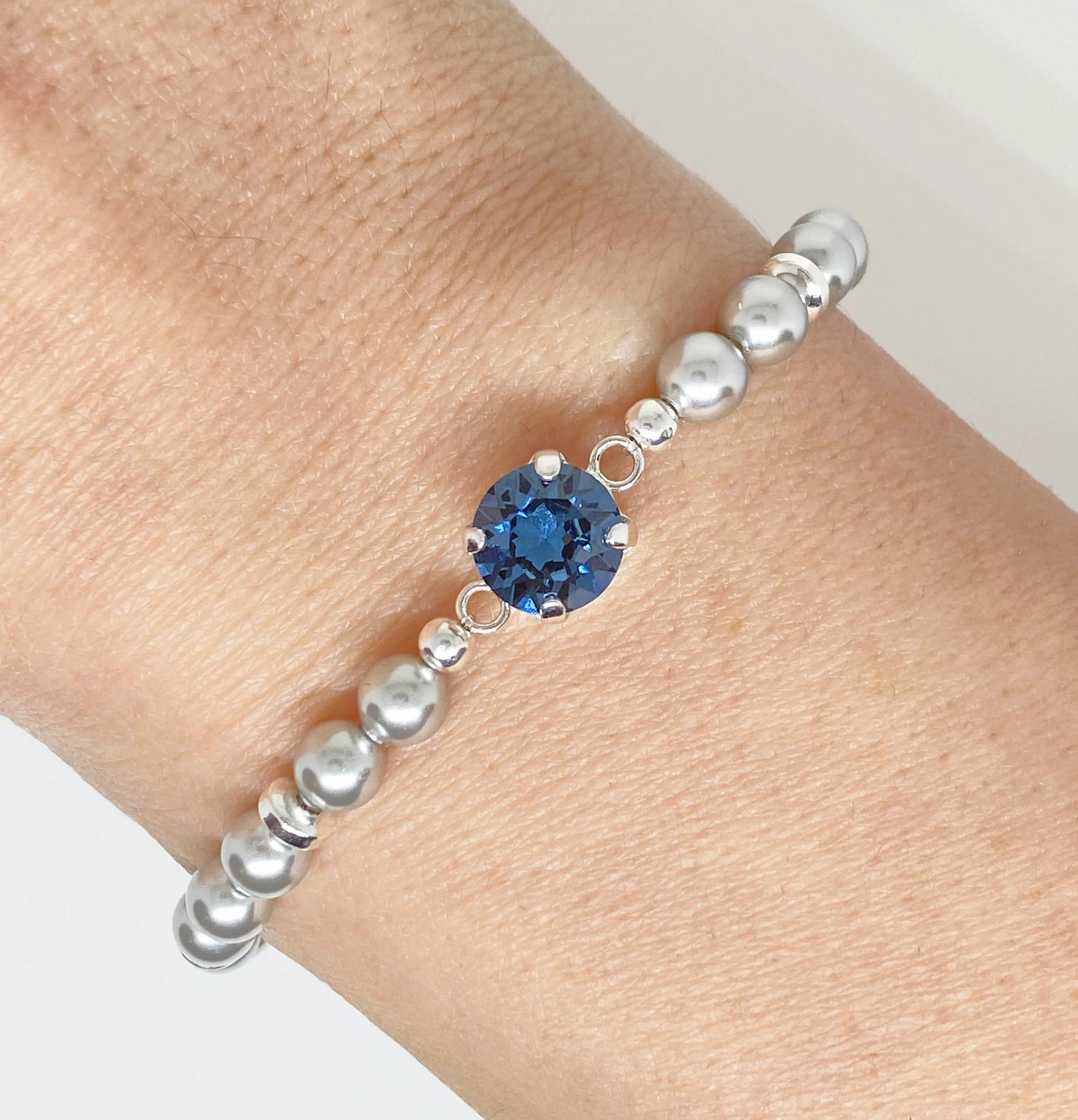 Swarovski Crystal 8mm Chaton Crystal Bracelet in Denim Blue with Lt Gray Swarovski Pearls