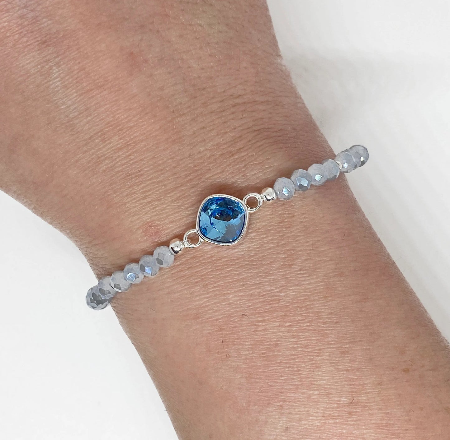 Swarovski Crystal 8mm Cushion Bracelet in Aquamarine with gray blue beads