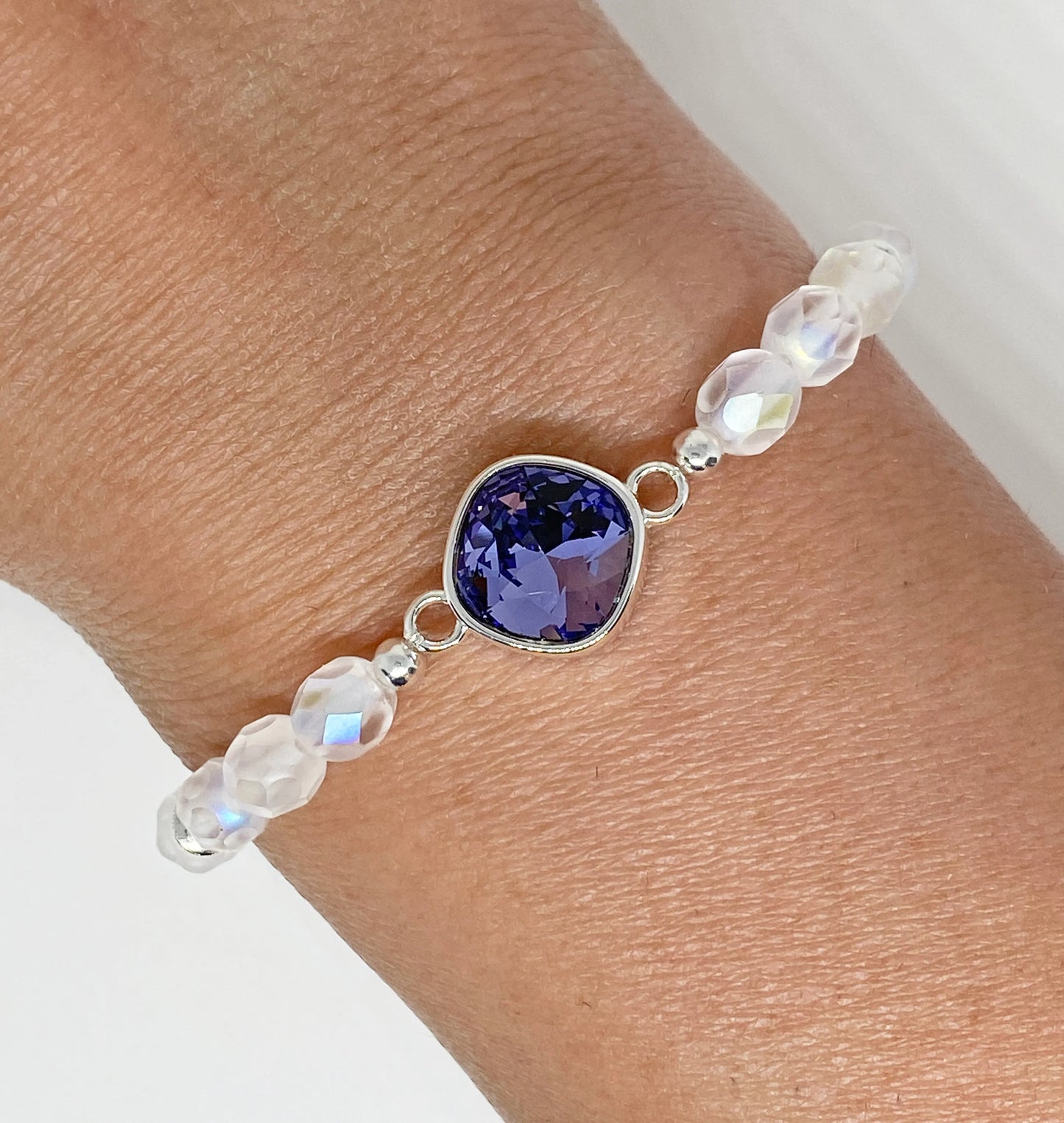 Swarovski Cushion Crystal Limited Edition Charity Beaded Bracelet in Purple Velvet for Alzheimers Awareness