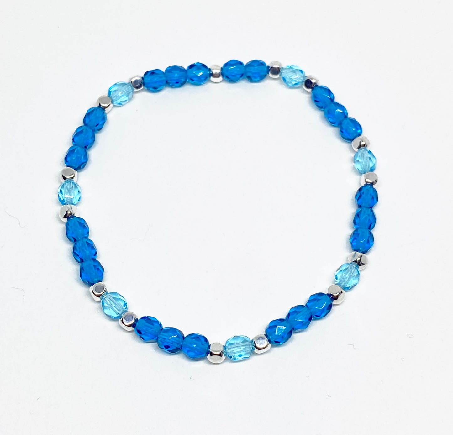 Czech Fire Polished Glass Bead Bracelet in Aqua and Cobalt with Silver Accents