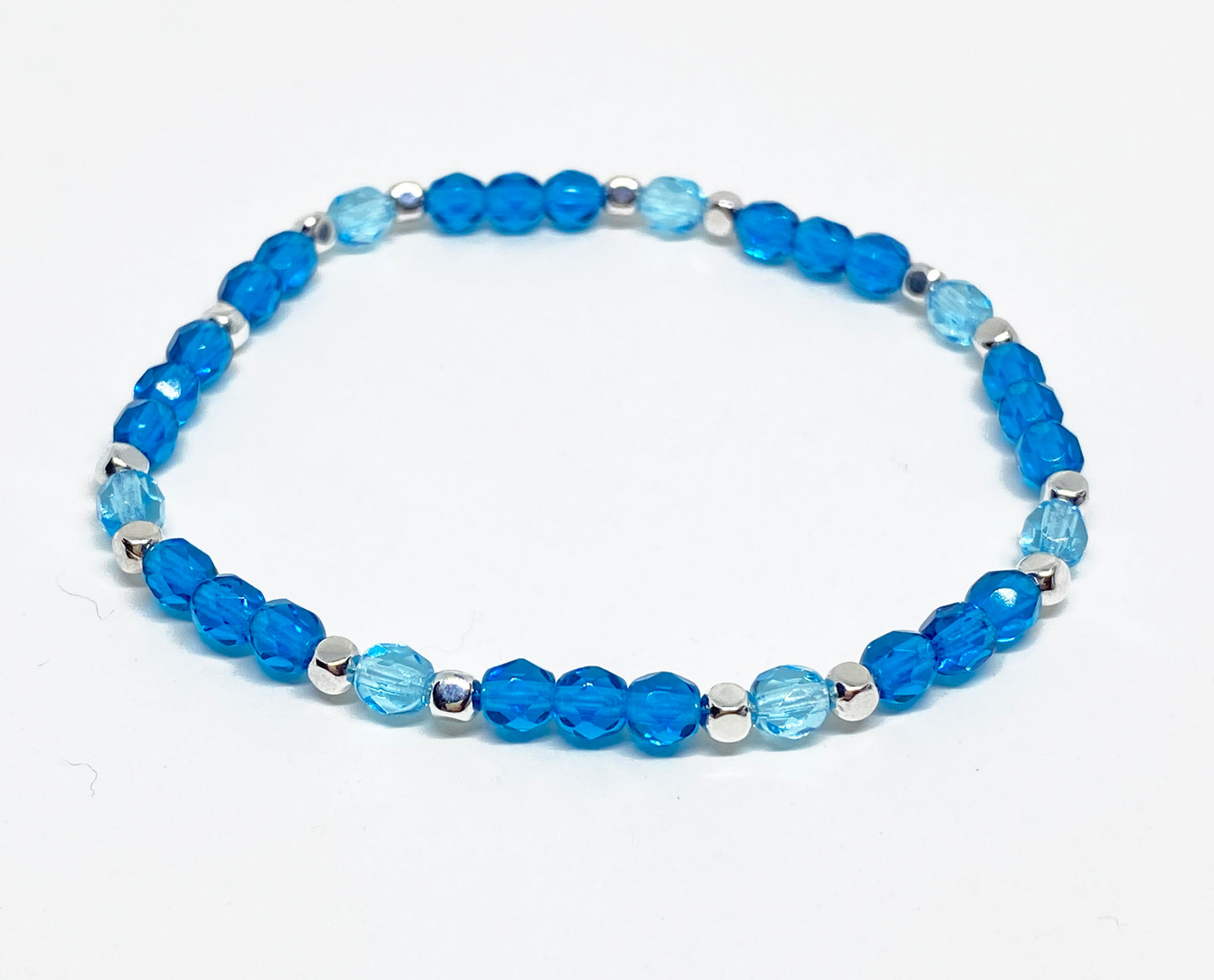 Czech Fire Polished Glass Bead Bracelet in Aqua and Cobalt with Silver Accents