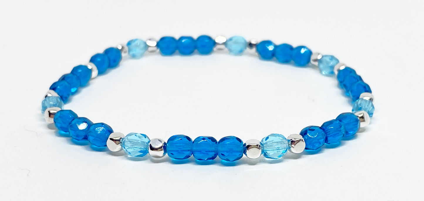 Czech Fire Polished Glass Bead Bracelet in Aqua and Cobalt with Silver Accents