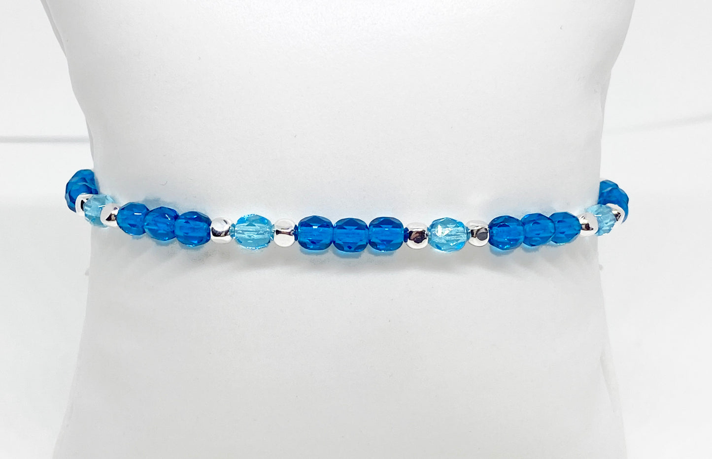 Czech Fire Polished Glass Bead Bracelet in Aqua and Cobalt with Silver Accents