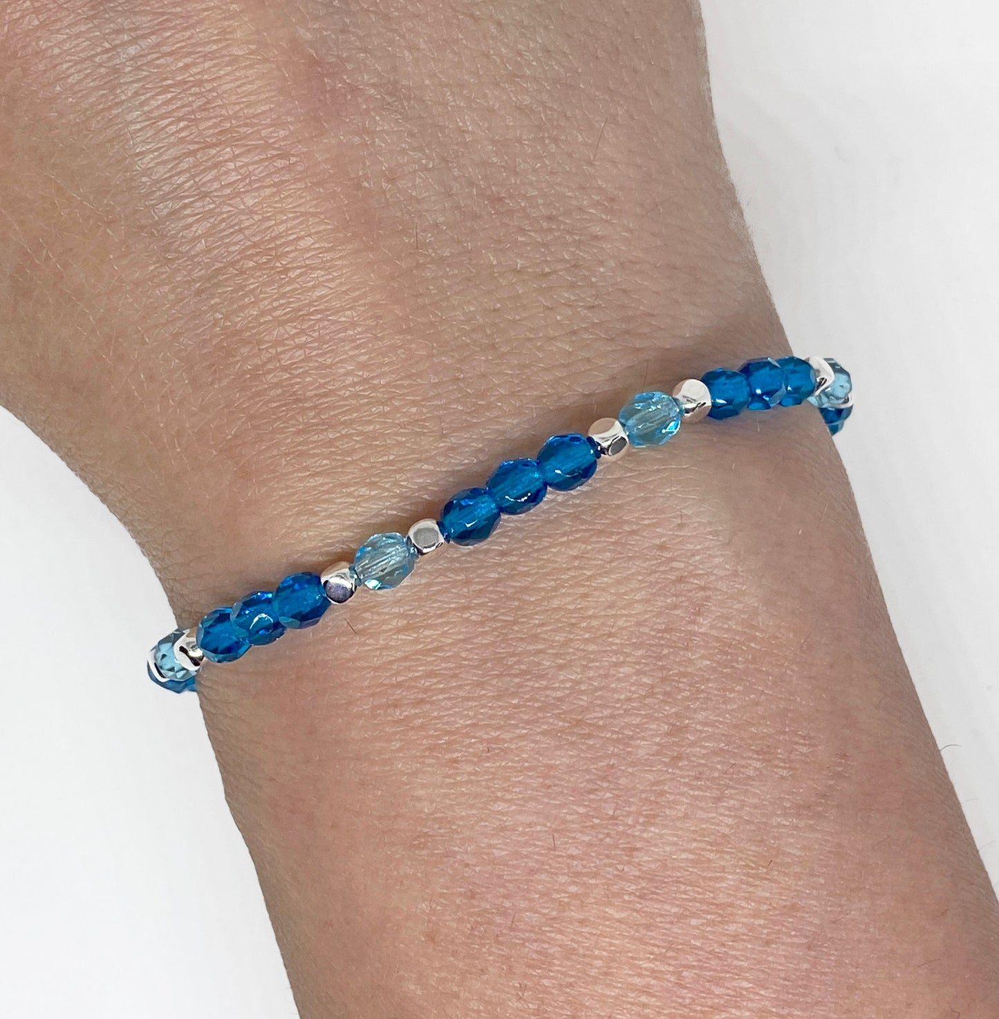 Czech Fire Polished Glass Bead Bracelet in Aqua and Cobalt with Silver Accents