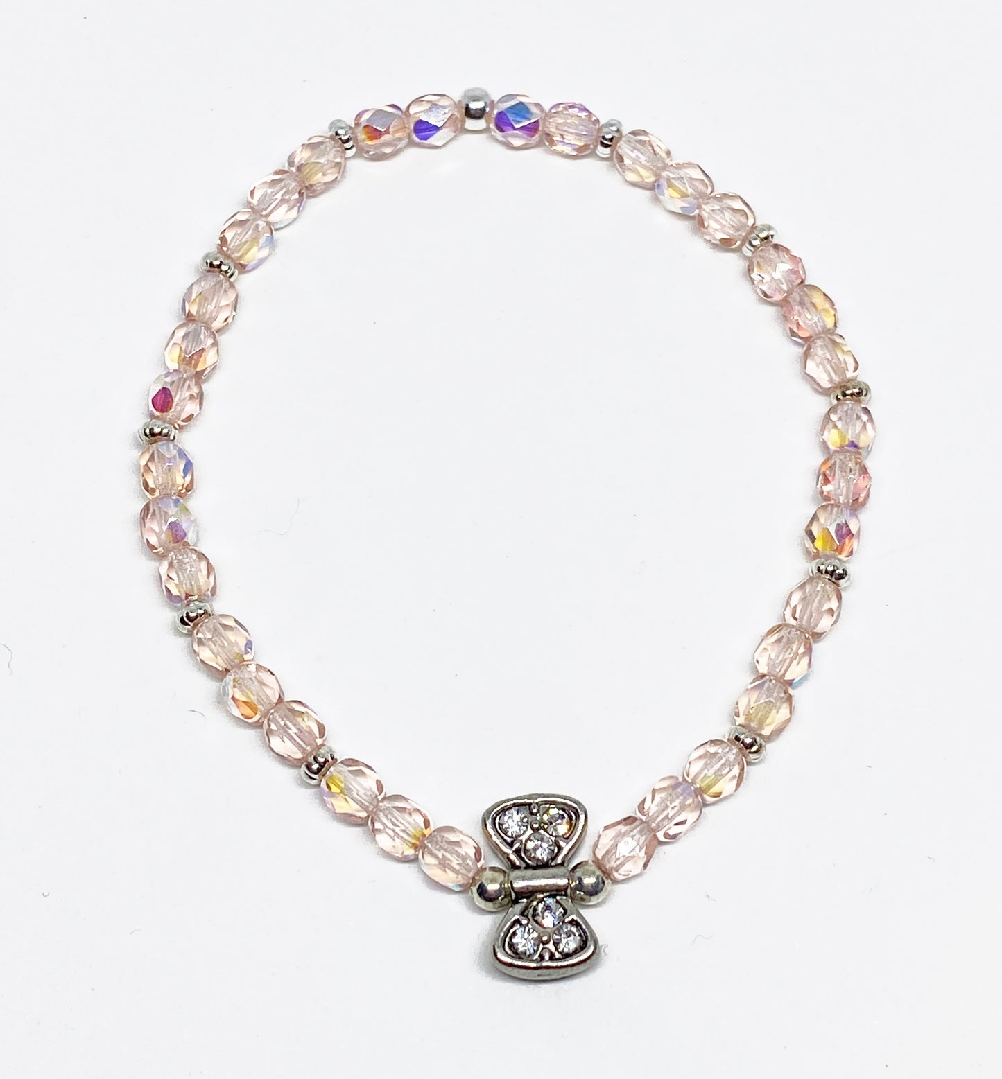 Czech Fire Polished Glass Bead Bracelet in Light Rose AB with Antique Silver Bow Bead