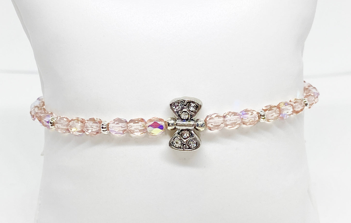 Czech Fire Polished Glass Bead Bracelet in Light Rose AB with Antique Silver Bow Bead