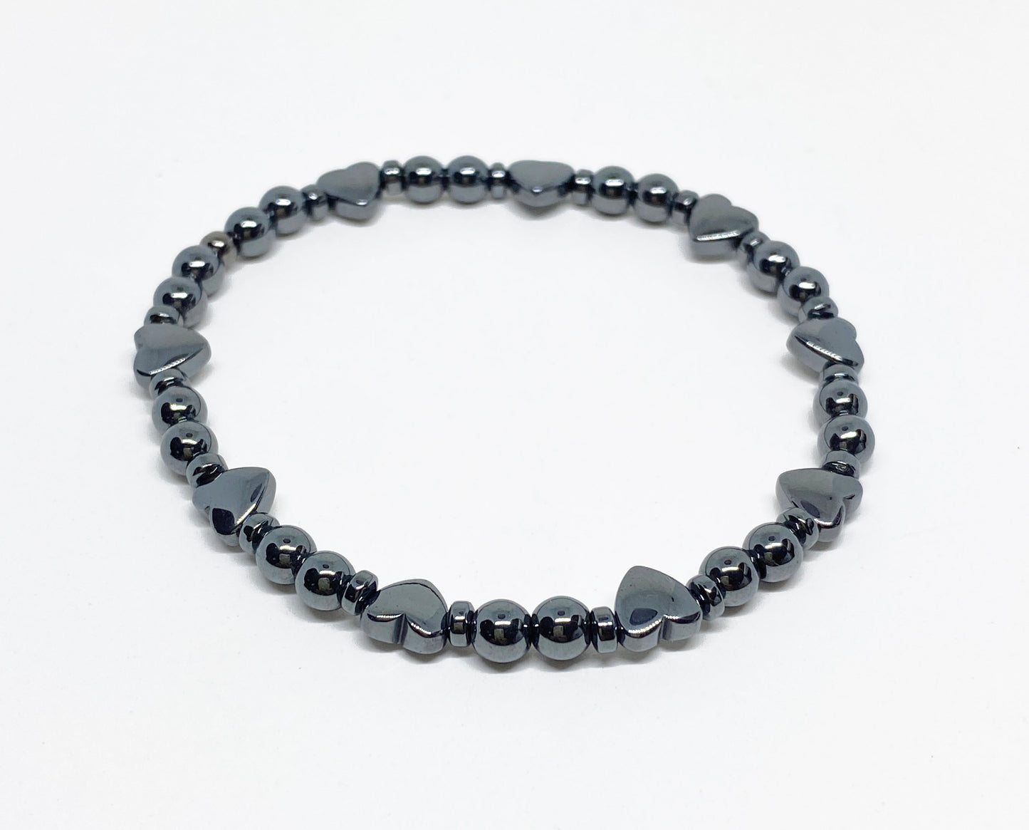 Hematite Heart and Round Bead Bracelet