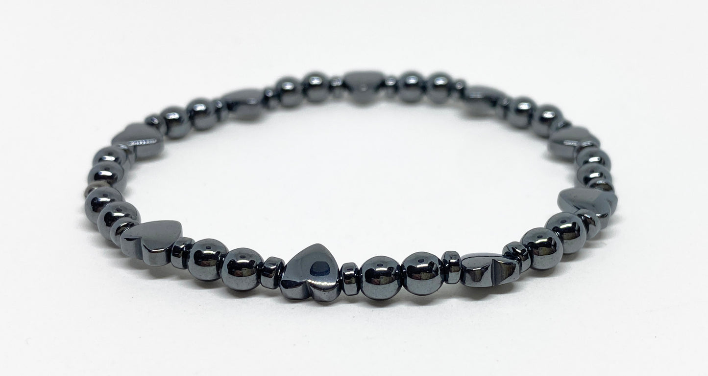 Hematite Heart and Round Bead Bracelet