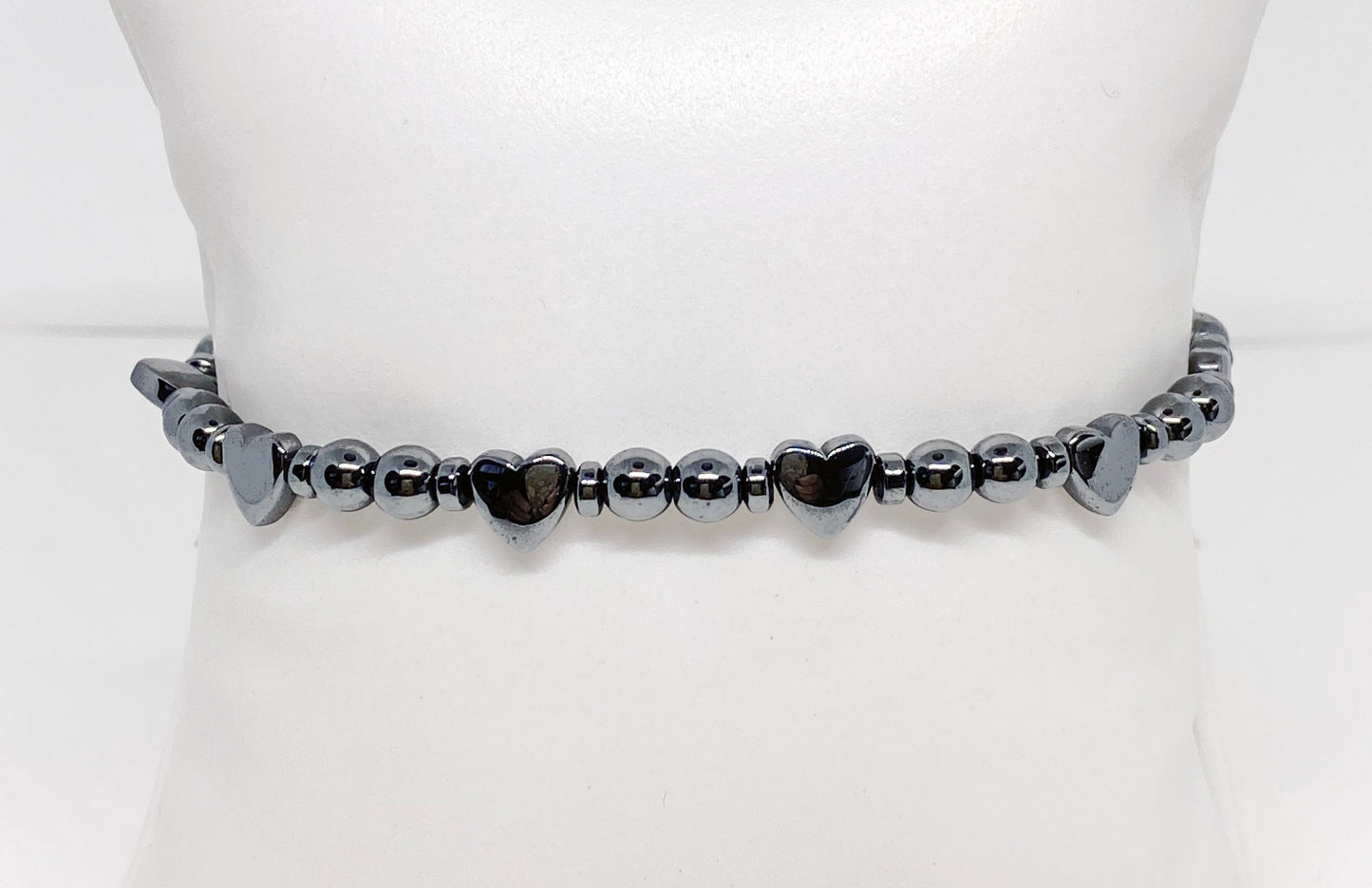 Hematite Heart and Round Bead Bracelet