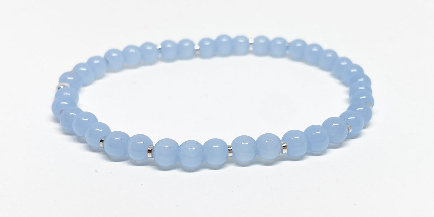 4mm Round Glass Beaded Bracelet in Light Blue with Silver Accents