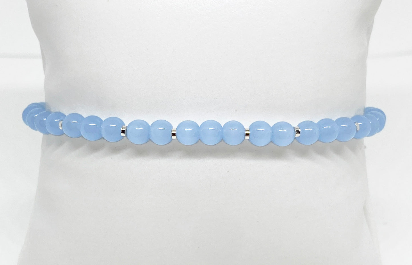 4mm Round Glass Beaded Bracelet in Light Blue with Silver Accents