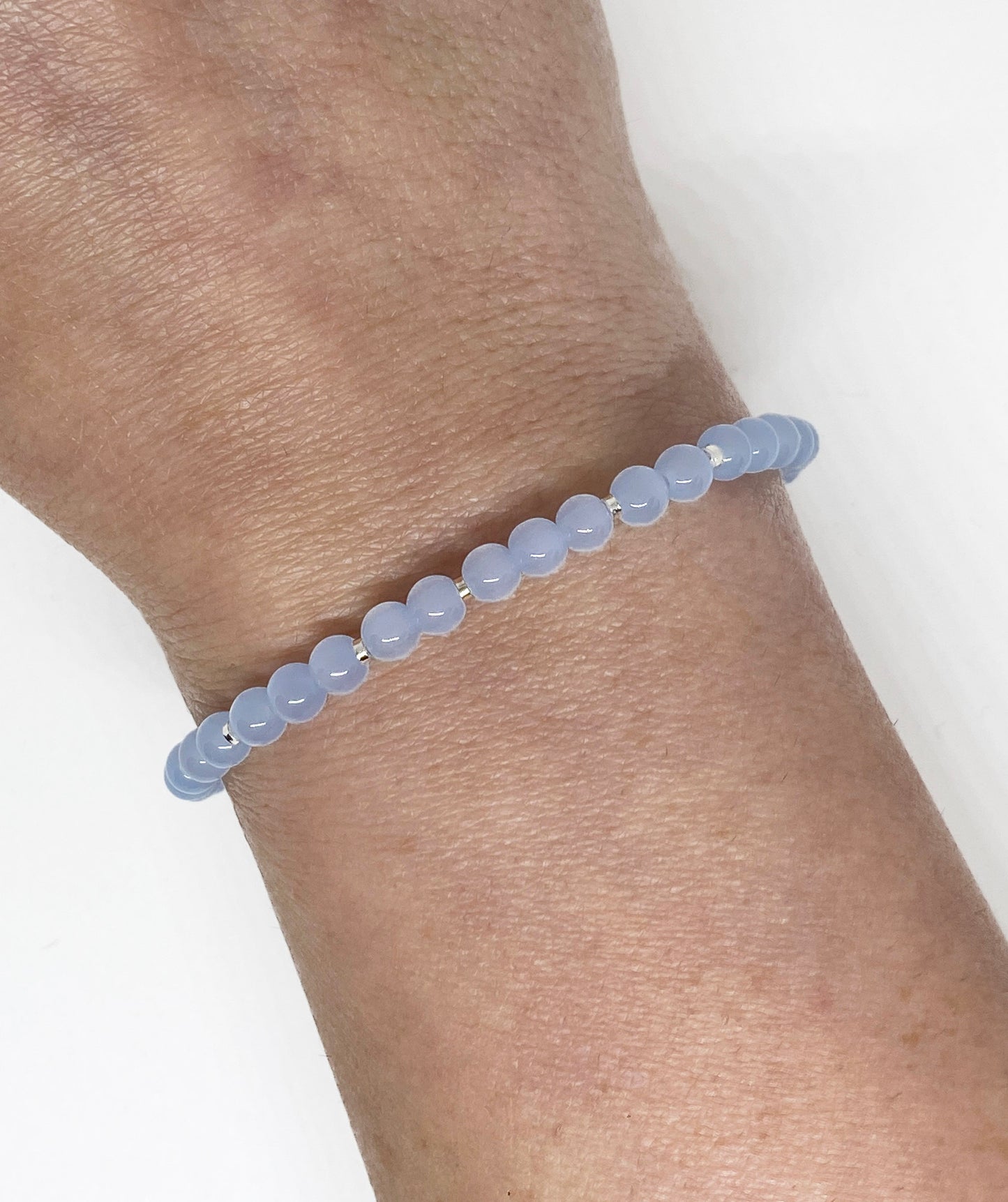 4mm Round Glass Beaded Bracelet in Light Blue with Silver Accents