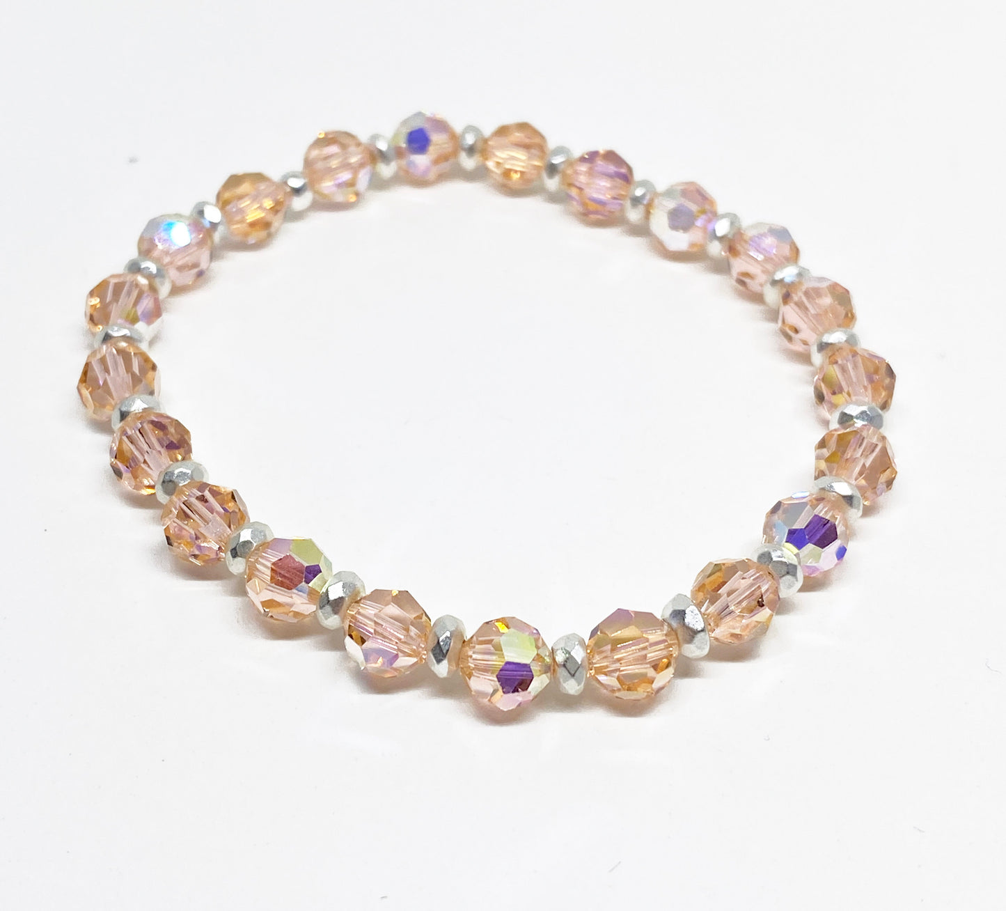 6mm Swarovski Crystal Round Beaded Bracelet in Light Peach Aurora Borealis