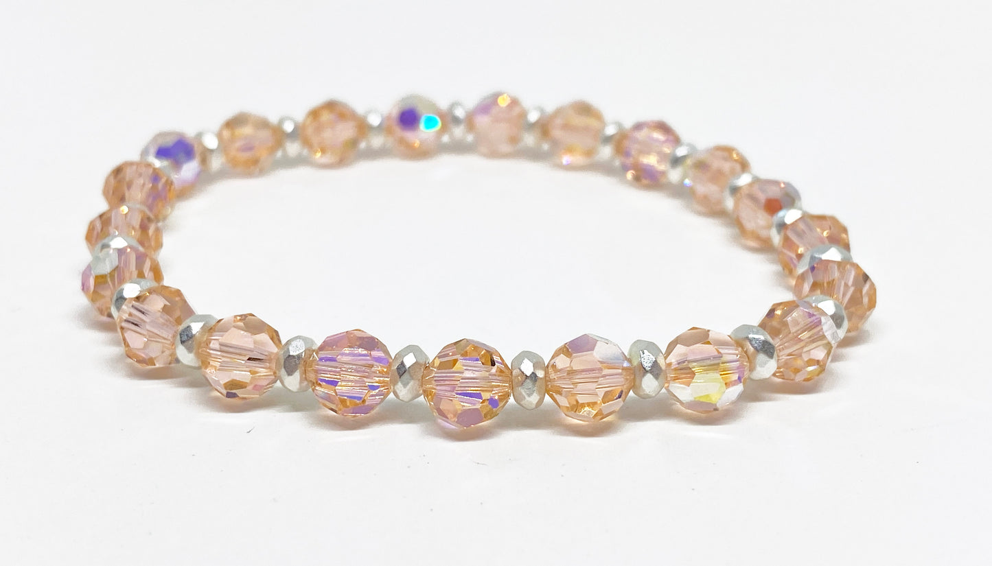 6mm Swarovski Crystal Round Beaded Bracelet in Light Peach Aurora Borealis