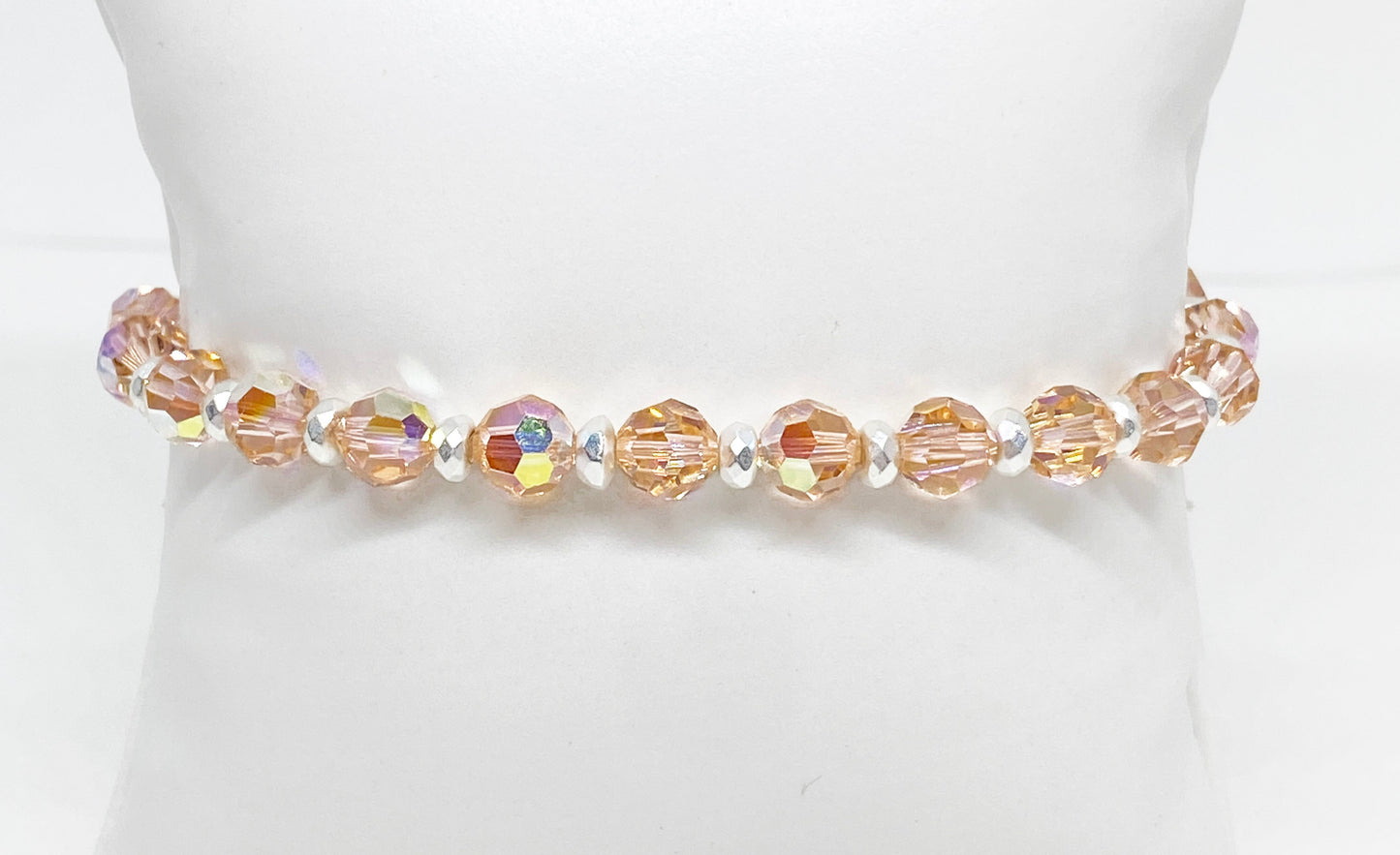 6mm Swarovski Crystal Round Beaded Bracelet in Light Peach Aurora Borealis