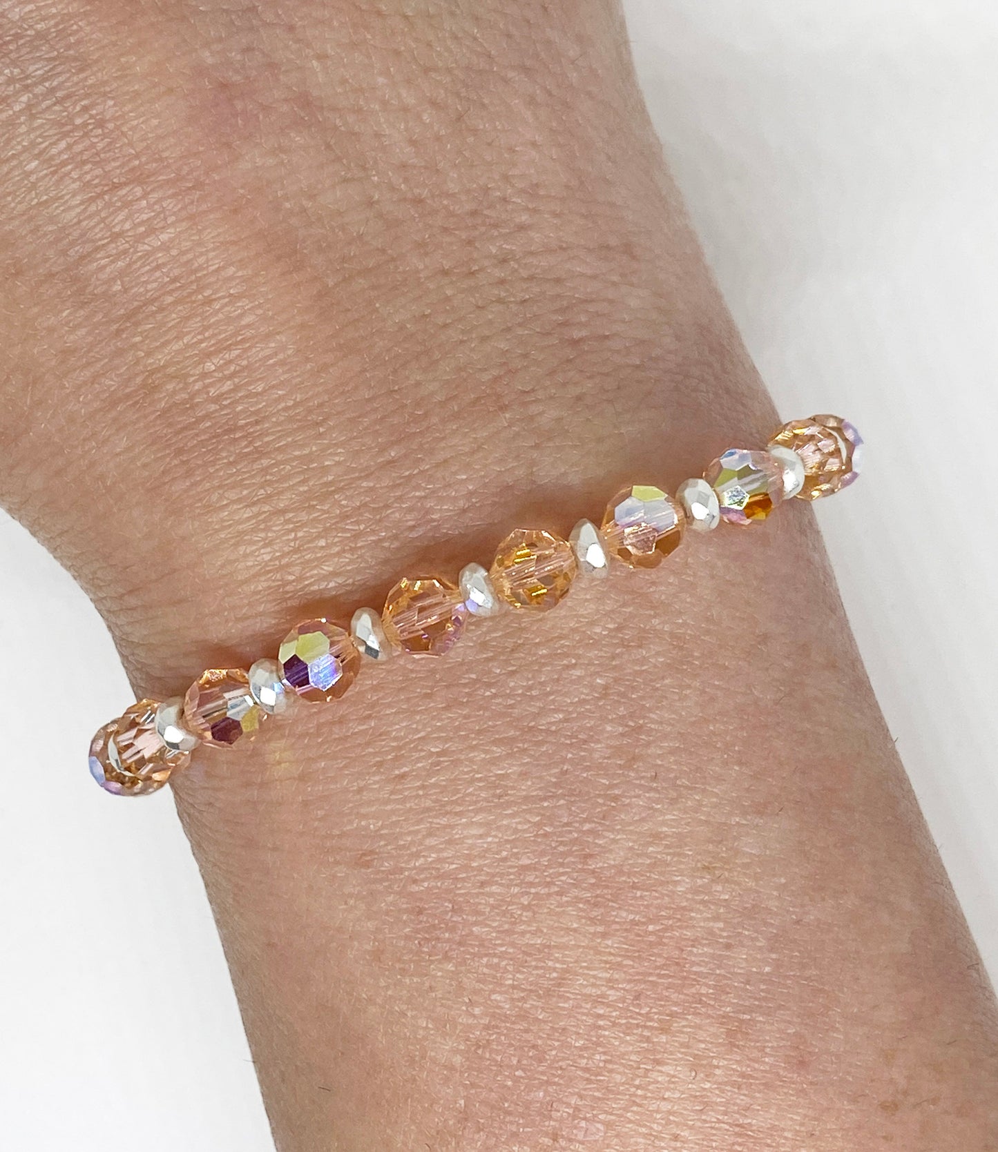 6mm Swarovski Crystal Round Beaded Bracelet in Light Peach Aurora Borealis