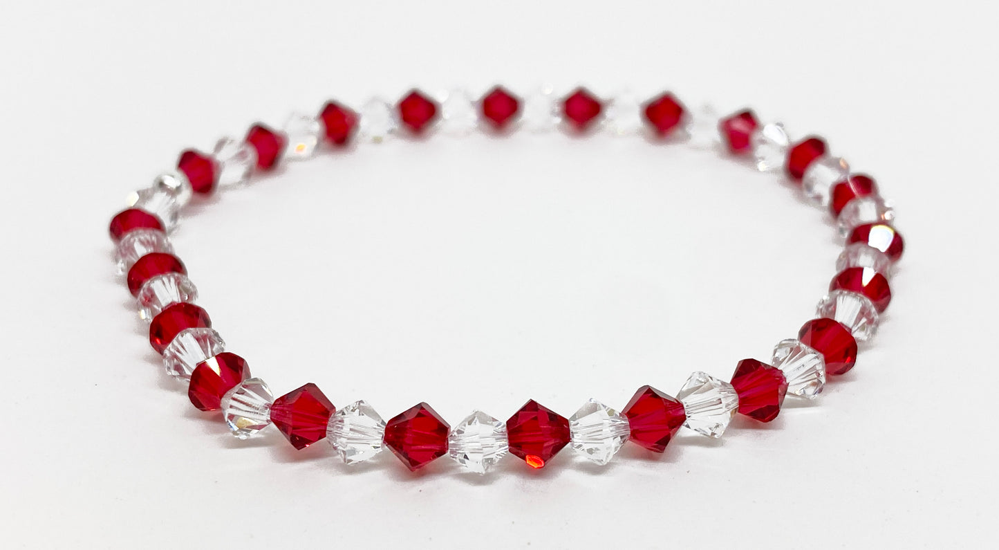 Swarovski Crystal Holiday Bracelet in Candy Cane, with Scarlet and Clear 4mm Swarovski Crystals