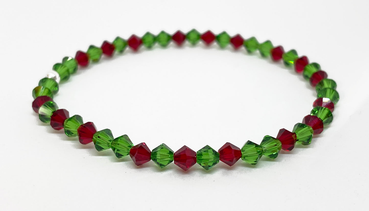 Swarovski Crystal Holiday Bracelet in Holly, with Siam Red and Fern Green 4mm Swarovski Crystals