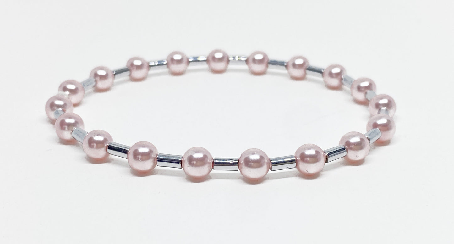 5mm Swarovski Pearl Beaded Bracelet in Rosaline and Silver, Perfect for Valentine's Day