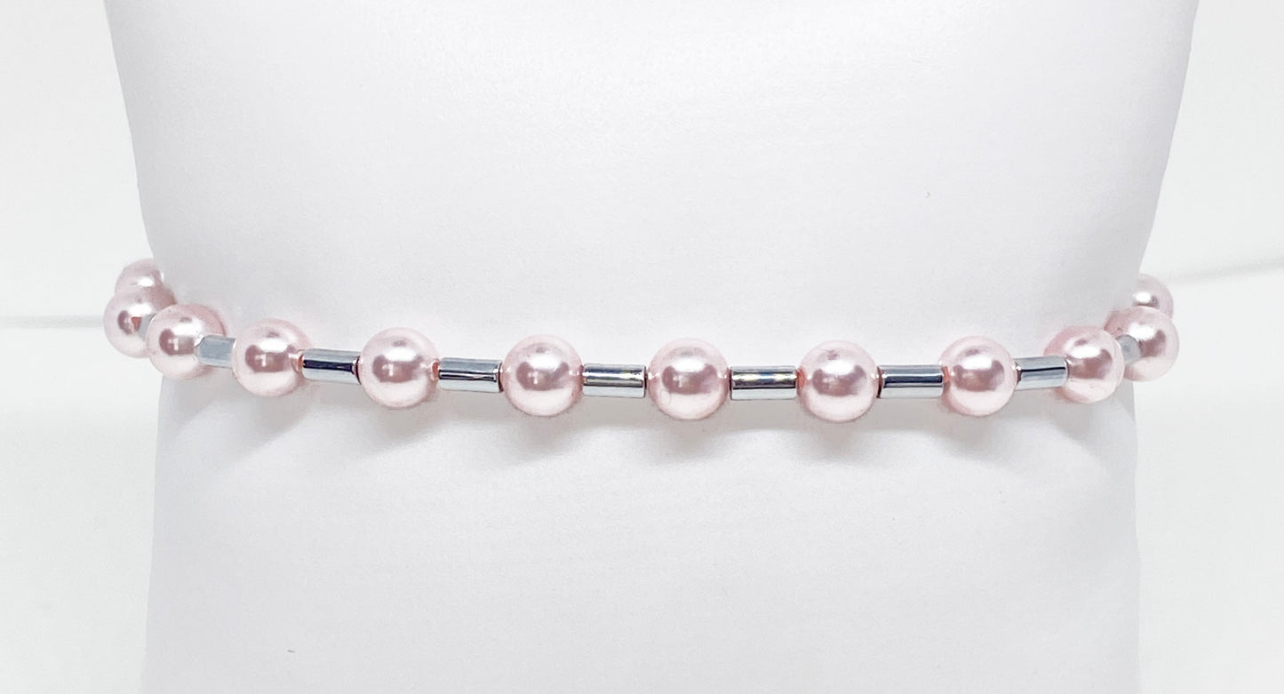 5mm Swarovski Pearl Beaded Bracelet in Rosaline and Silver, Perfect for Valentine's Day