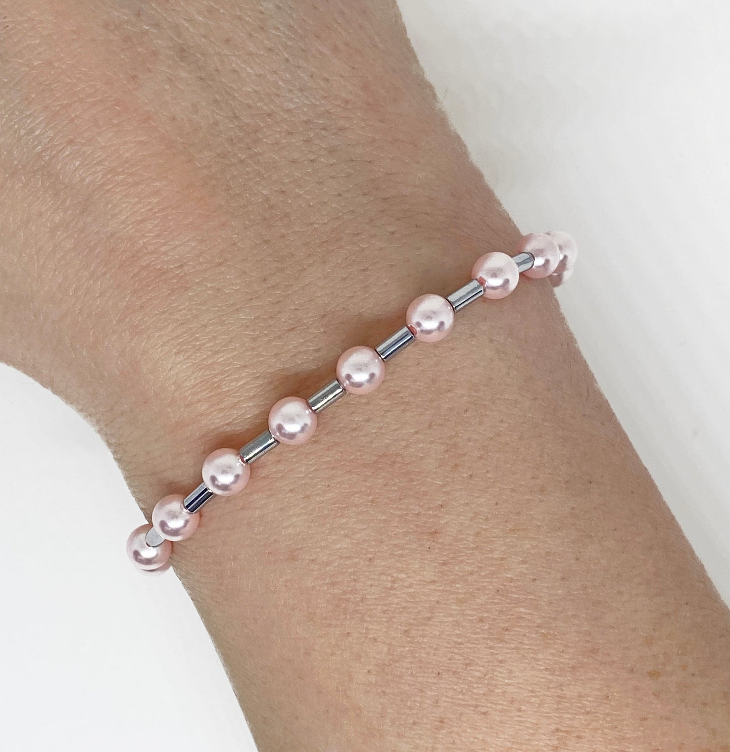 5mm Swarovski Pearl Beaded Bracelet in Rosaline and Silver, Perfect for Valentine's Day