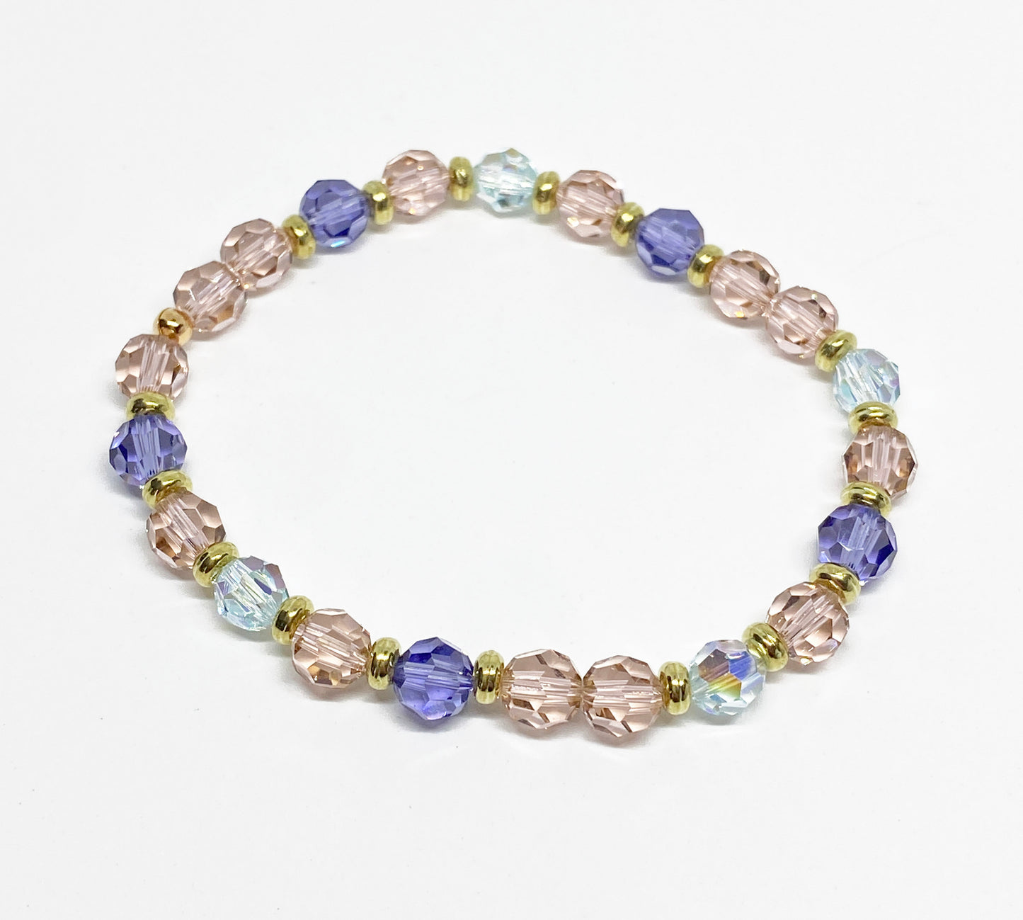 Swarovski Crystal Bracelet in Lovstruck, with Rose, Purple, and Lt Blue Round Swarovski Crystals. Perfect for Valentine's Day!