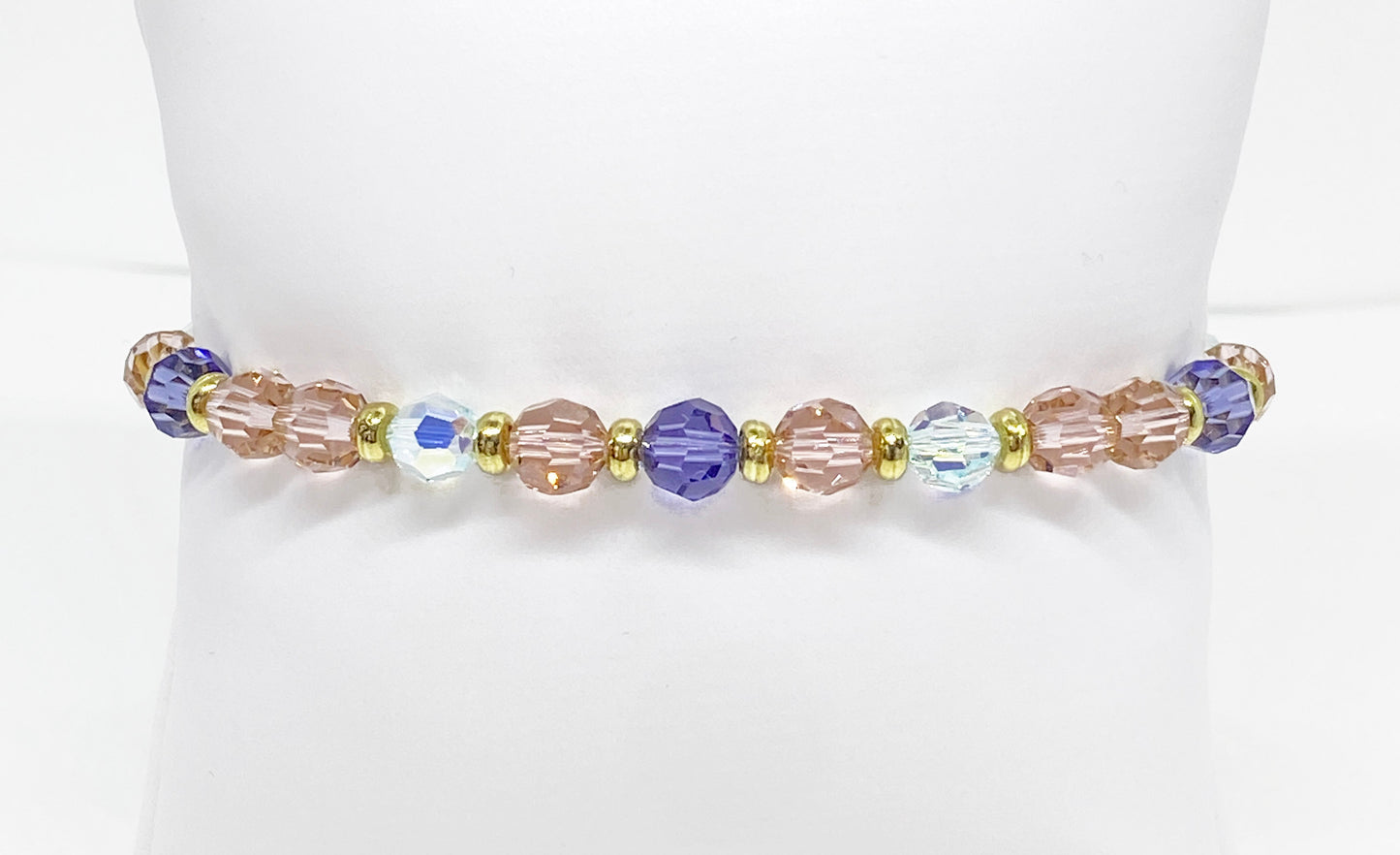 Swarovski Crystal Bracelet in Lovstruck, with Rose, Purple, and Lt Blue Round Swarovski Crystals. Perfect for Valentine's Day!