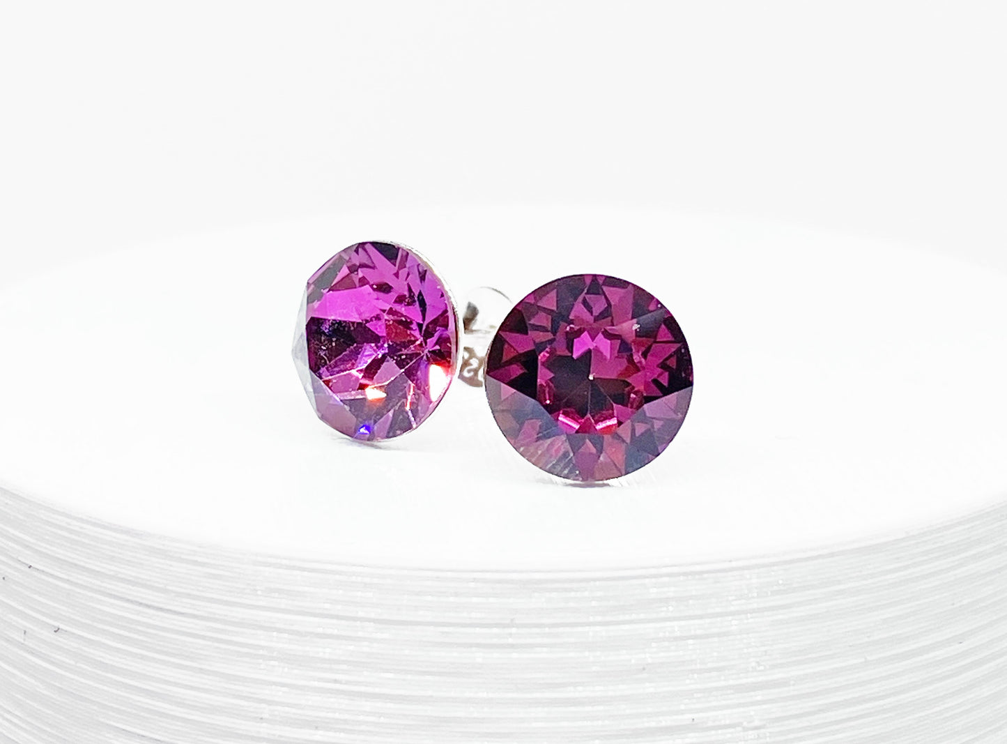 8mm Swarovski Crystal Stud Earrings in Dark Rose, set in Sterling Silver