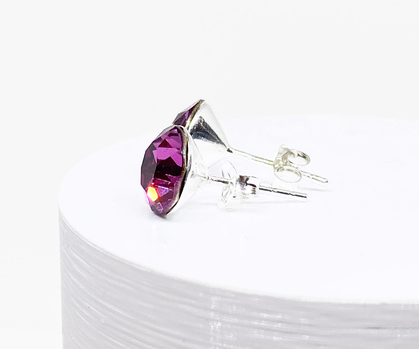 8mm Swarovski Crystal Stud Earrings in Dark Rose, set in Sterling Silver