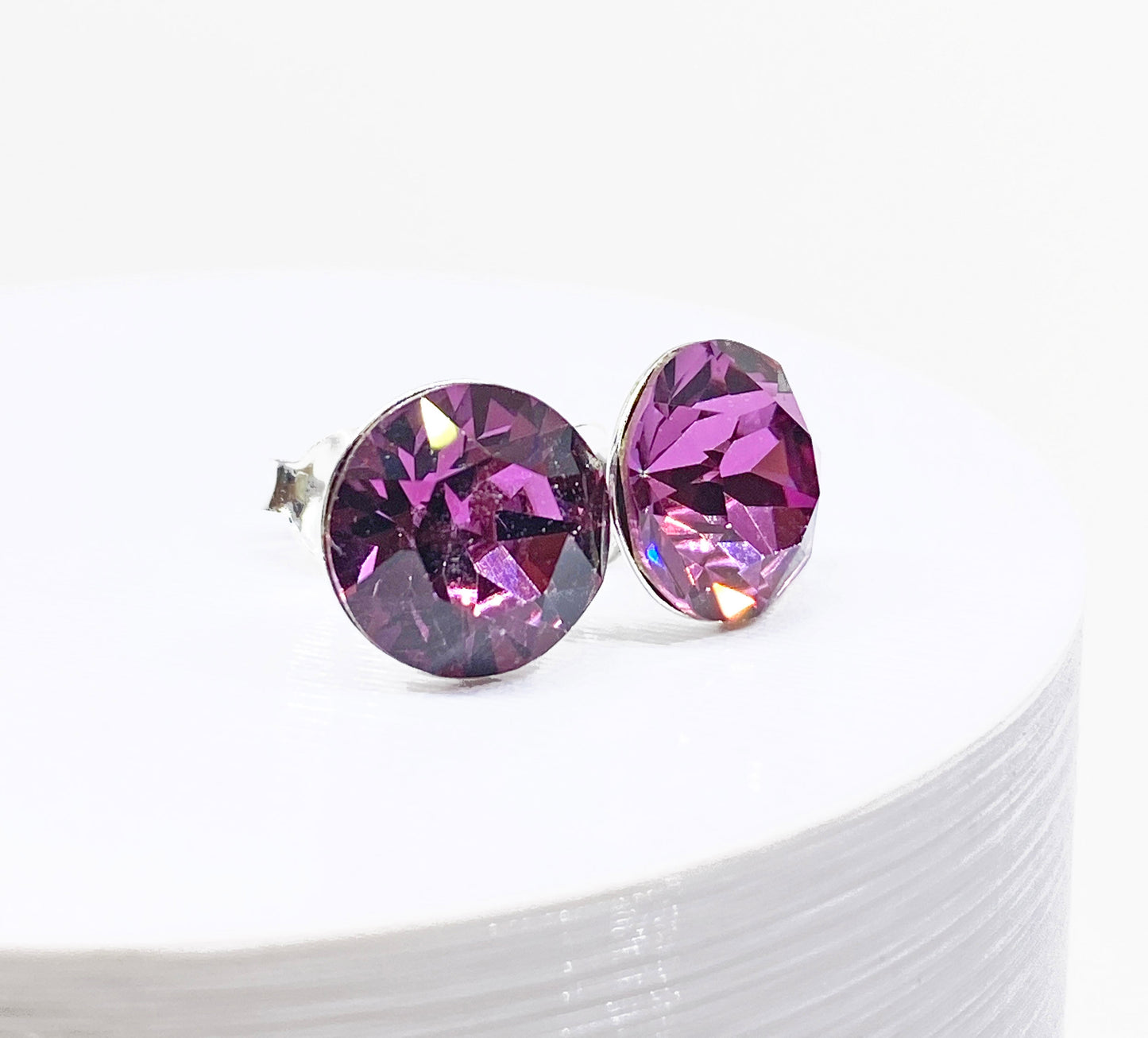 8mm Swarovski Crystal Stud Earrings in Dark Rose, set in Sterling Silver