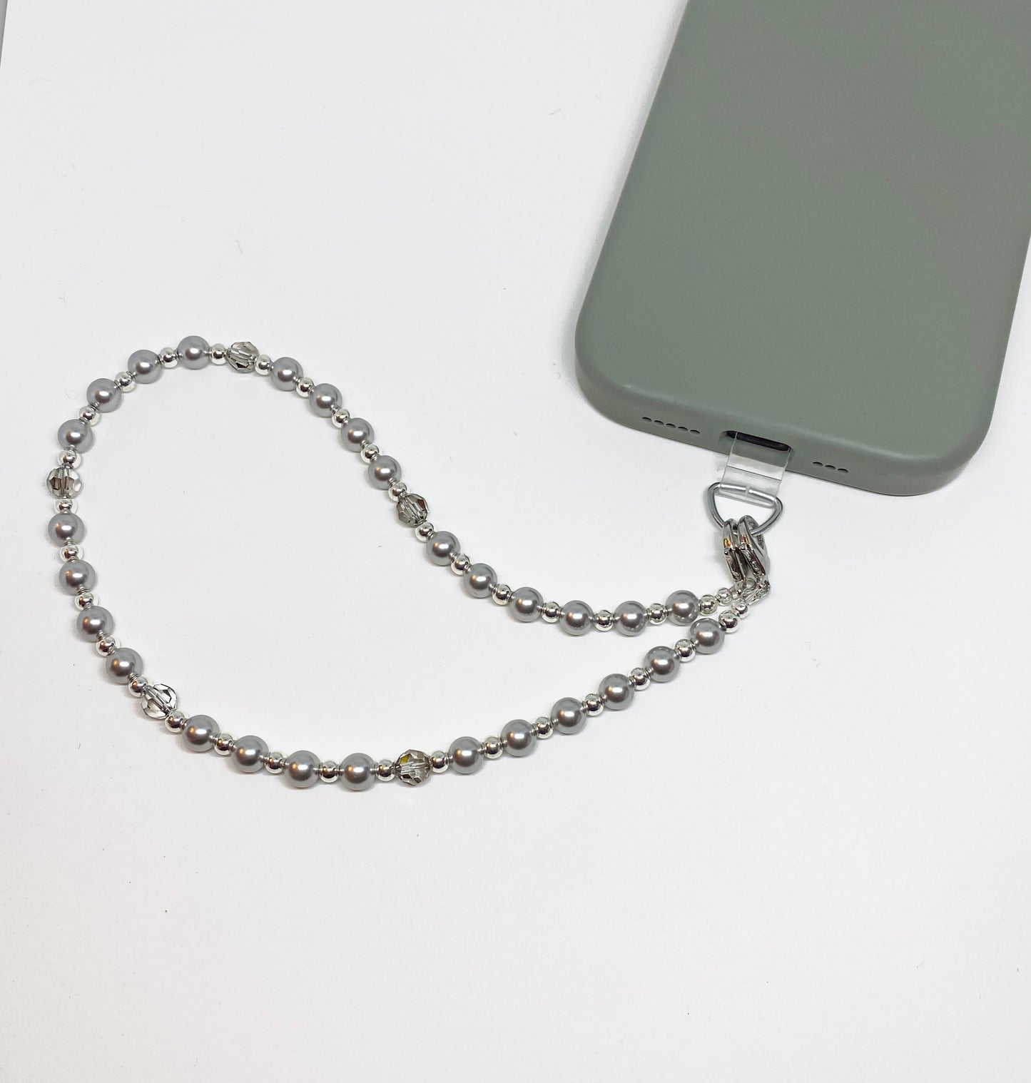 Swarovski Crystal and Pearl Phone Strap in Light Gray