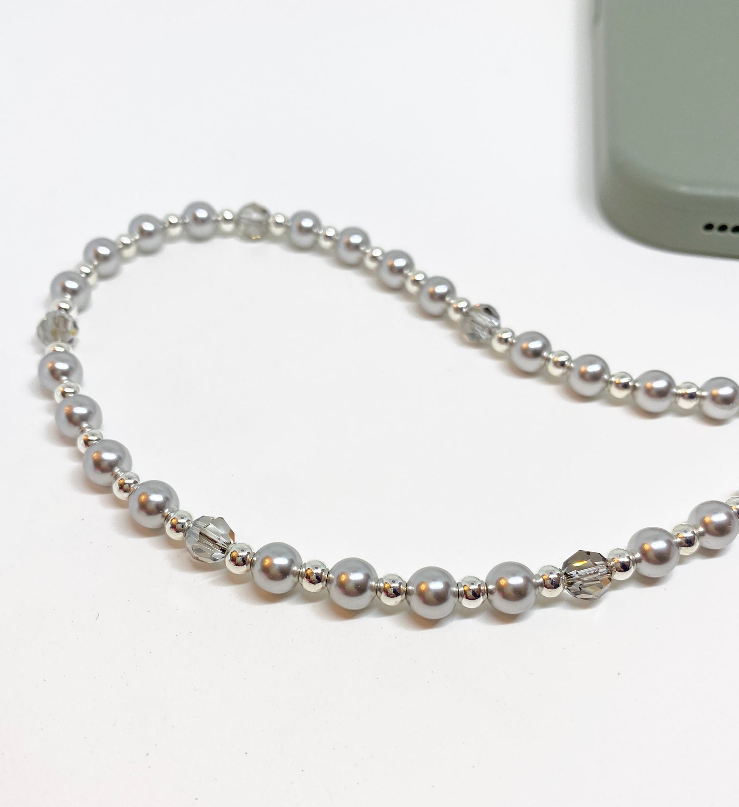 Swarovski Crystal and Pearl Phone Strap in Light Gray