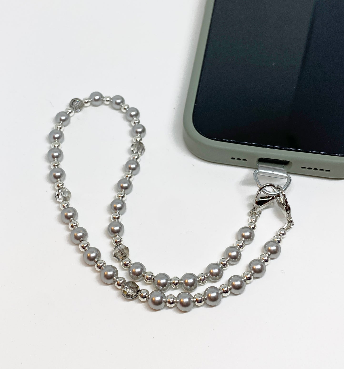 Swarovski Crystal and Pearl Phone Strap in Light Gray