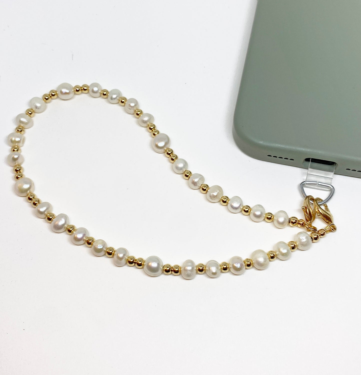 Cultured Freshwater Pearl and Gold Bead Phone Strap