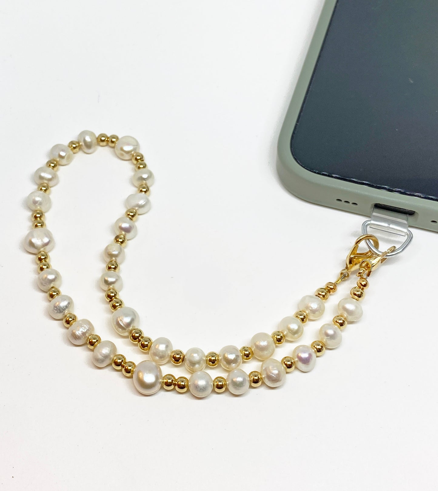 Cultured Freshwater Pearl and Gold Bead Phone Strap