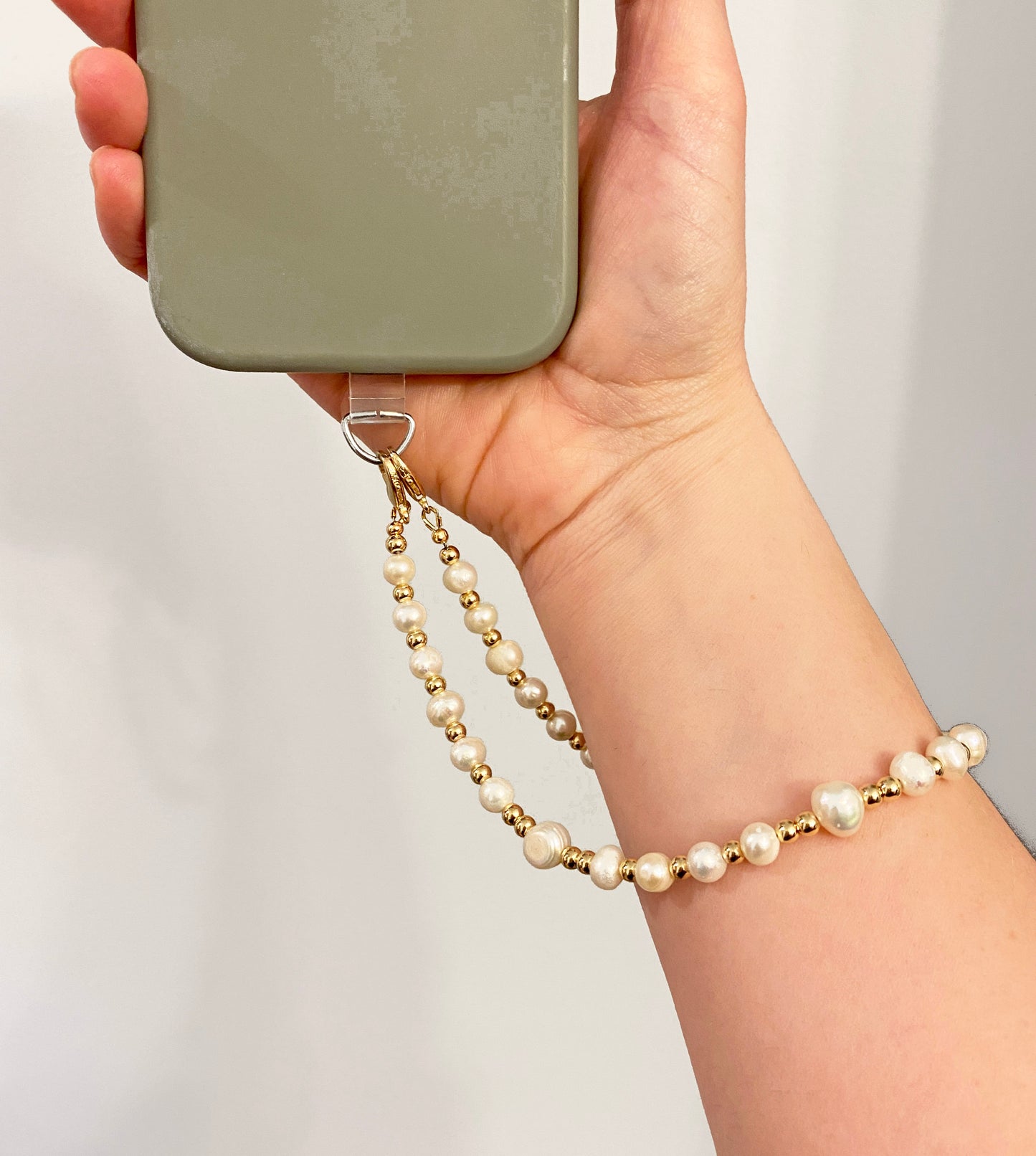 Cultured Freshwater Pearl and Gold Bead Phone Strap